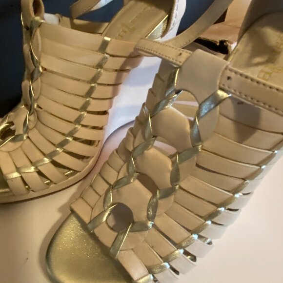 Cole Haan Nike Air Gold & Cream Leather Woven Wedge Sandals – Size 7B - Picture 15 of 16